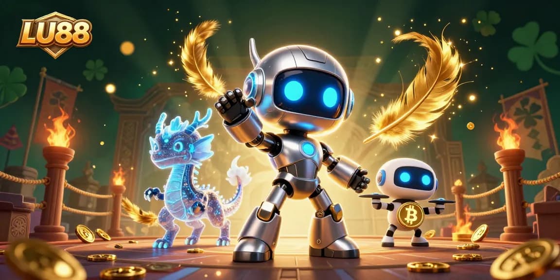 Join the LU88 gaming adventure with a cyberpunk robot and digital dragon in an electrifying casino scene.