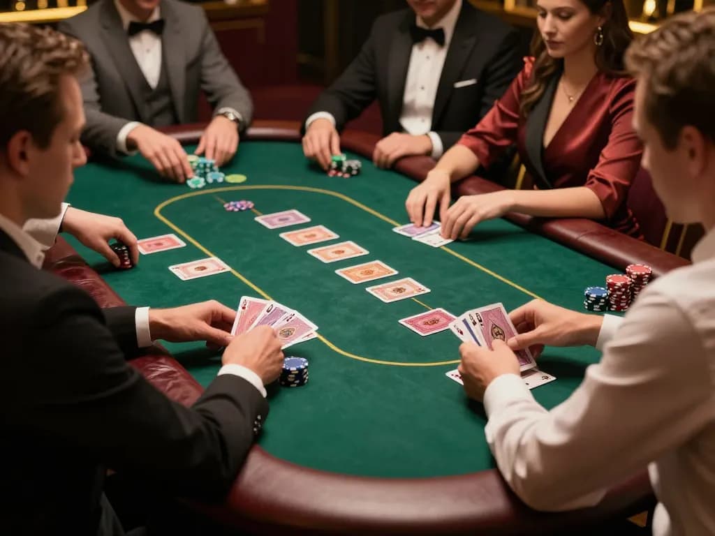 Players enjoying a high-stakes poker game at VIPWIN's exclusive table, showcasing strategy and luxury.