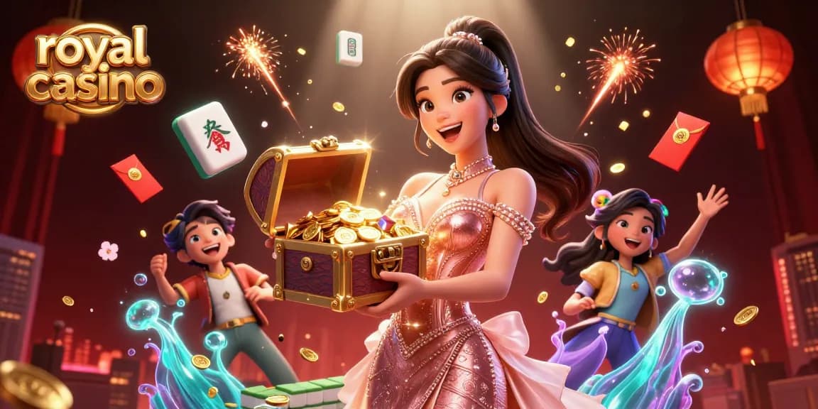 Experience the thrill at royal casino with a stunning treasure chest overflowing with gems and coins.