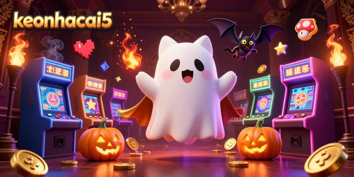 Engage with keonhacai5 as a ghost cat navigates a haunted casino, filled with vibrant gaming elements.