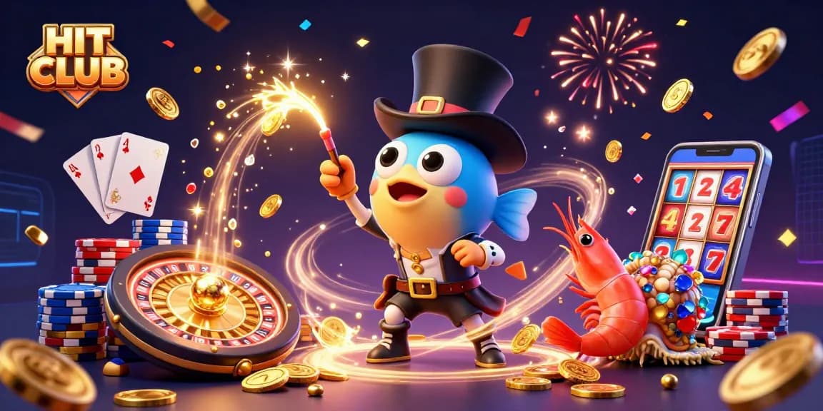 Engaging action at HIT CLUB with a vibrant scene featuring 3D casino characters amid cascading coins and dazzling gems.