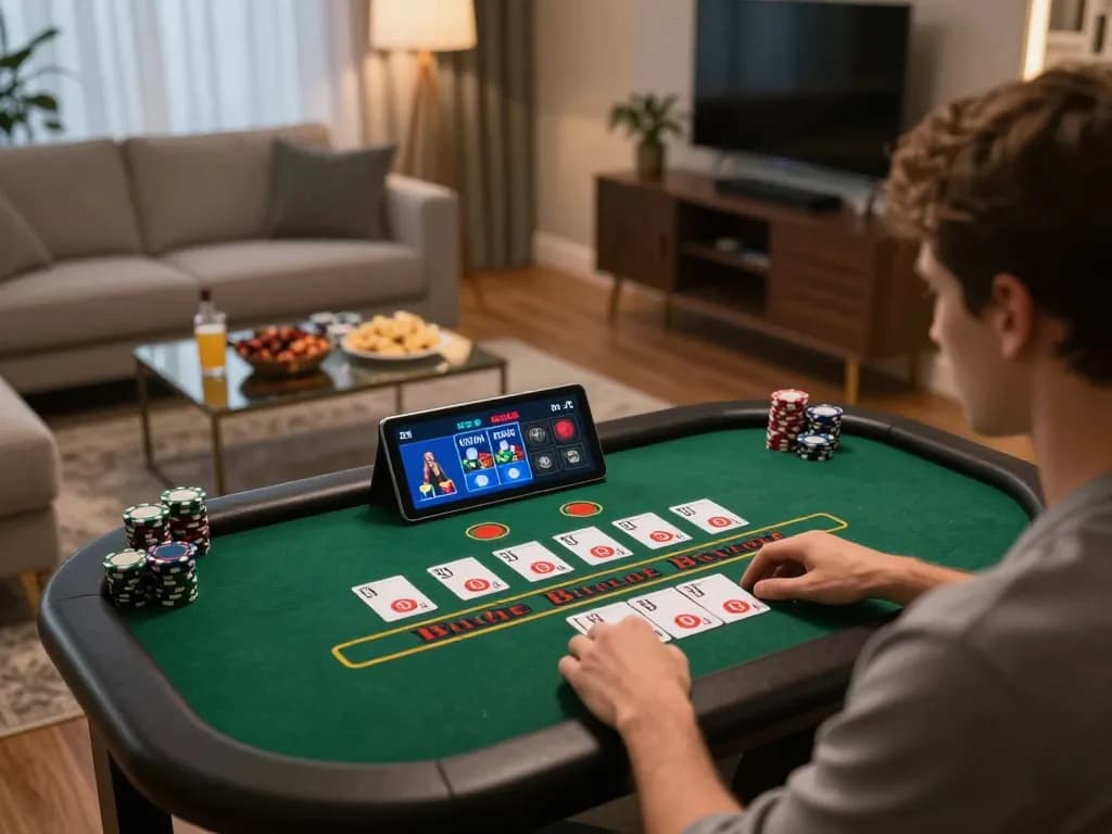 SIN88 user enjoying an online blackjack game on a tablet in a cozy living room.