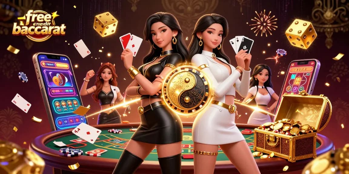 Experience free credit baccarat with stunning visuals of twin Asian women holding cards at a dynamic casino scene.