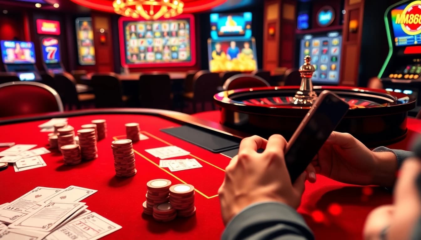 Experience the thrill of MM888 online gambling with elegant poker tables, active bets, and excited players.