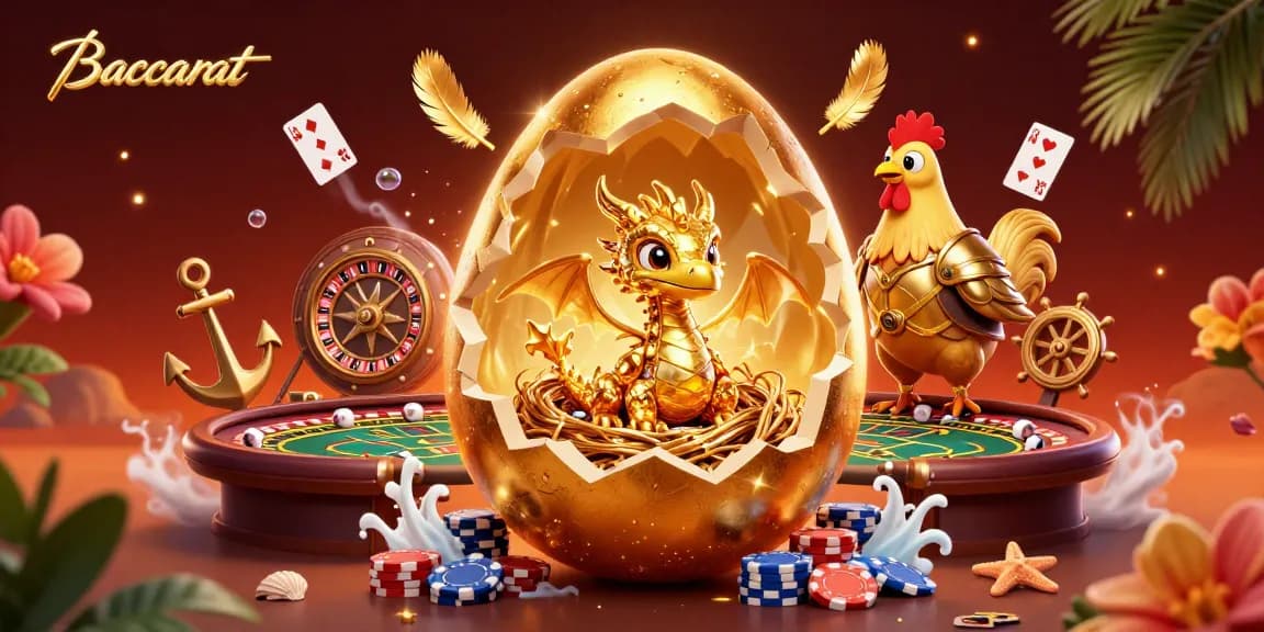 Experience Baccarat with a golden dragon and poker chips amidst casino excitement and dynamic elements.