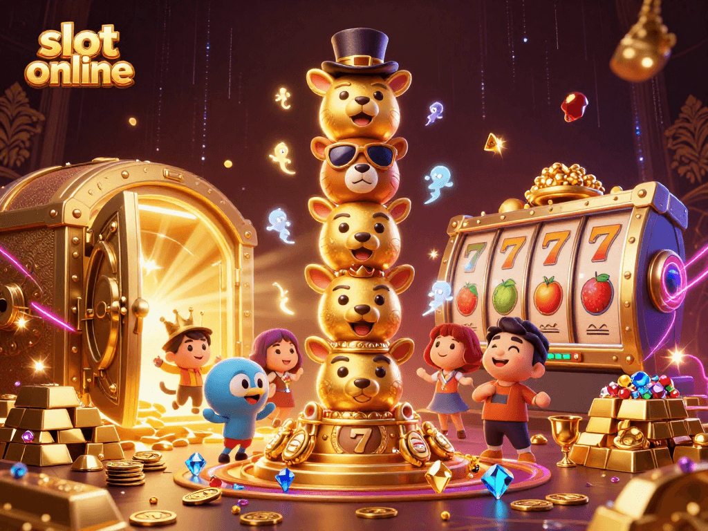 Experience thrills of slot online with vibrant 3D illustration showcasing a totem pole and treasure.