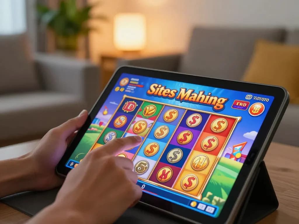 Engaging with situs slot mahjong on a tablet in a cozy living room setting.