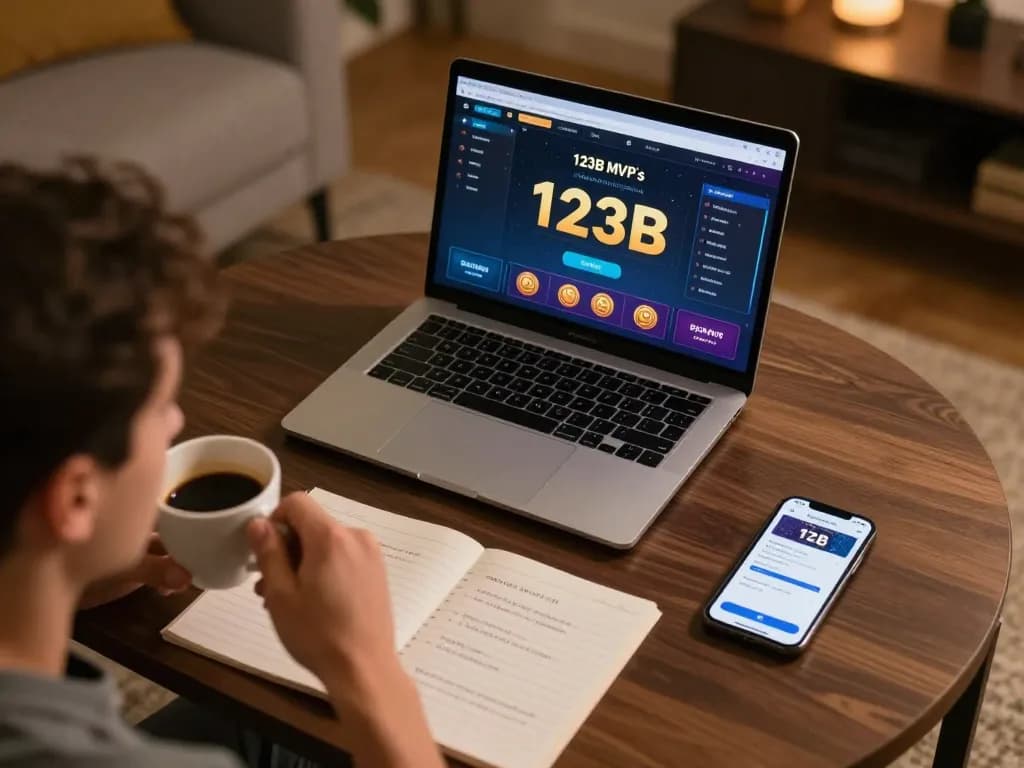 A player strategizing on 123bmvp with a sleek laptop and coffee, showcasing responsible gambling.