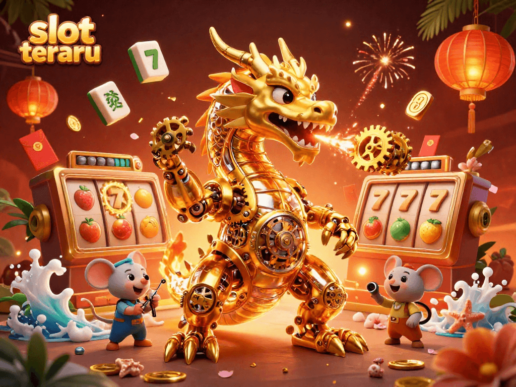 Spin the reels of slot terbaru with this vibrant 3D illustration featuring a golden dragon in action!