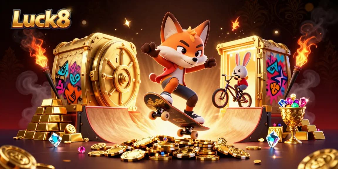 Experience excitement and action with Luck8, featuring dynamic casino-themed characters and elements.