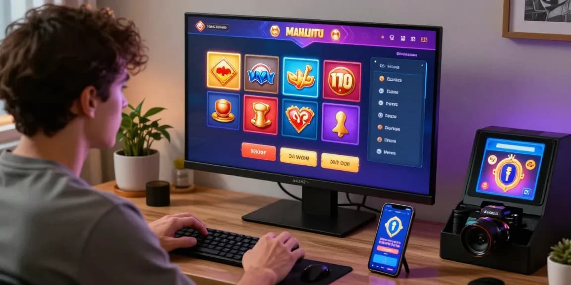 Mahajitu user enjoying online games, showcasing vibrant interface and secure payment features in a cozy home setup.