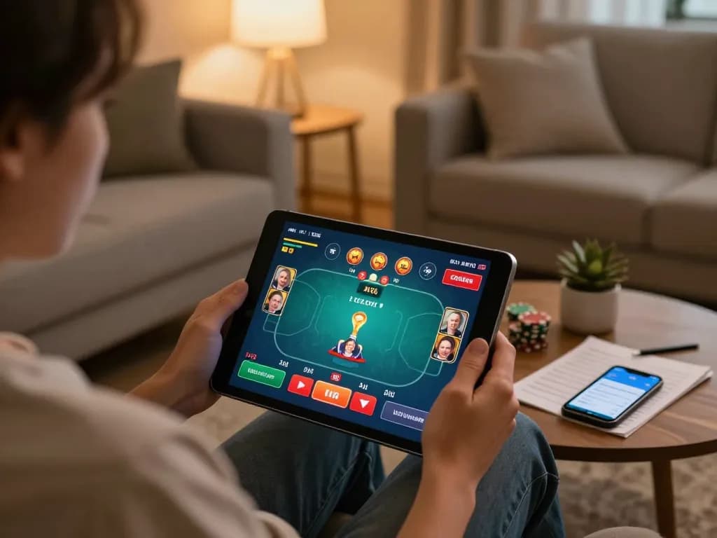 sky88 user enjoying online poker gameplay on tablet in a cozy living room