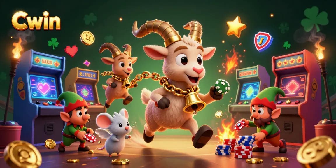 Cwin engages players with festive Krampus in a dynamic casino scene filled with games and excitement.