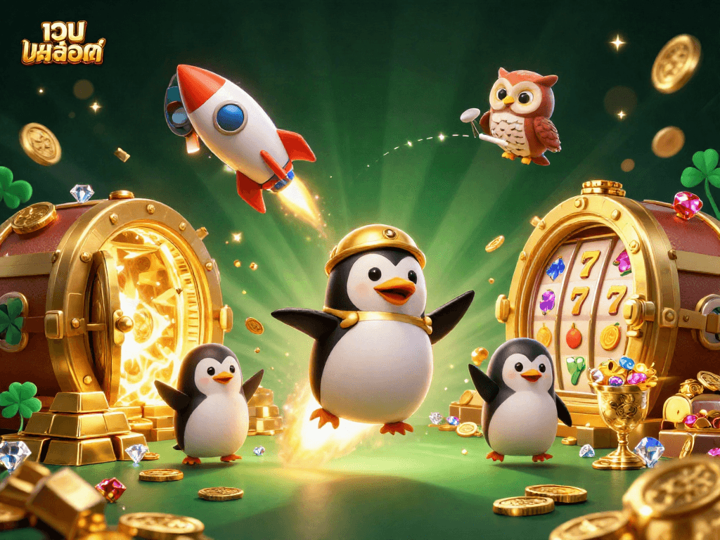 Engage with เว็บสล็อต featuring a golden penguin and vibrant casino elements in an exciting space adventure.