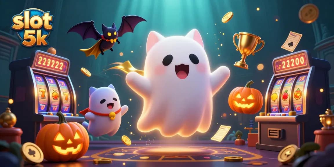 Experience the excitement of slot 5k with a ghost cat and vampire bat in a haunted casino setting.