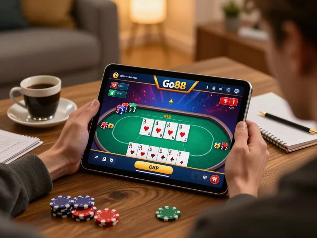 Engaging in Go88 online casino gameplay on a tablet, showcasing poker game interface and cozy setup