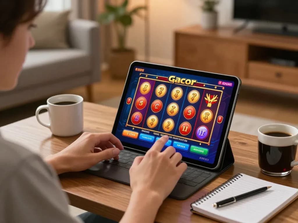 Player enjoying slot gacor gaming on a tablet in a cozy home setting, celebrating a big win.