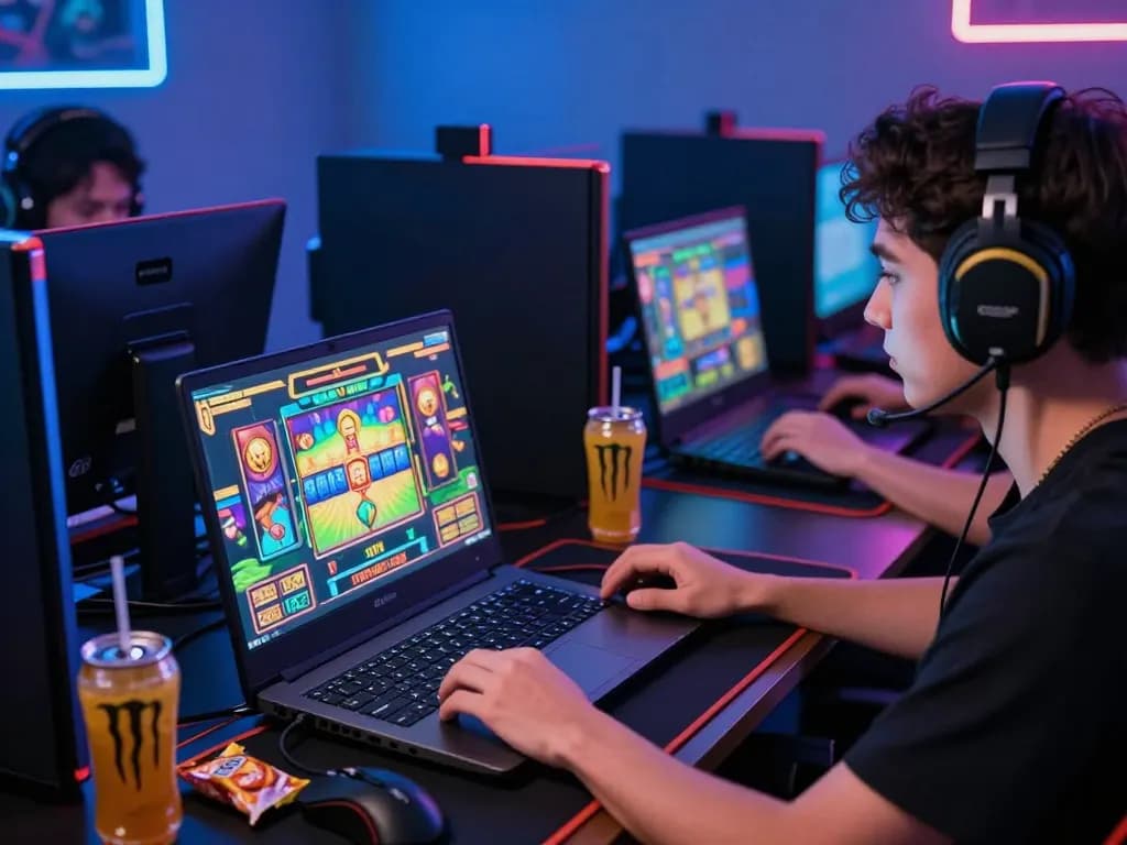 Suasana permainan yang menarik menampilkan seorang pemain terlibat dengan link slot gaco di laptop di lingkungan yang cerah.
