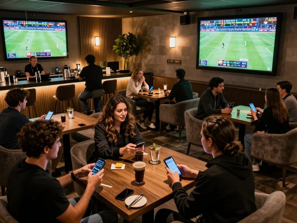 MAY88 bettors enthusiastically monitoring live sports events in a stylish betting lounge
