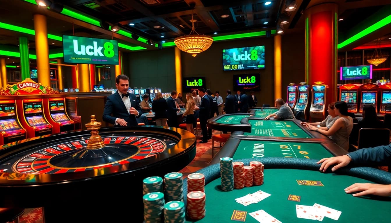 Gamblers enjoying a thrilling experience at Luck8 casino tables with vibrant atmosphere.
