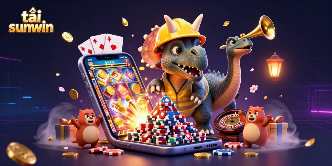 Tải sunwin celebrates with a triceratops and parasaurolophus in a vibrant online casino scene.