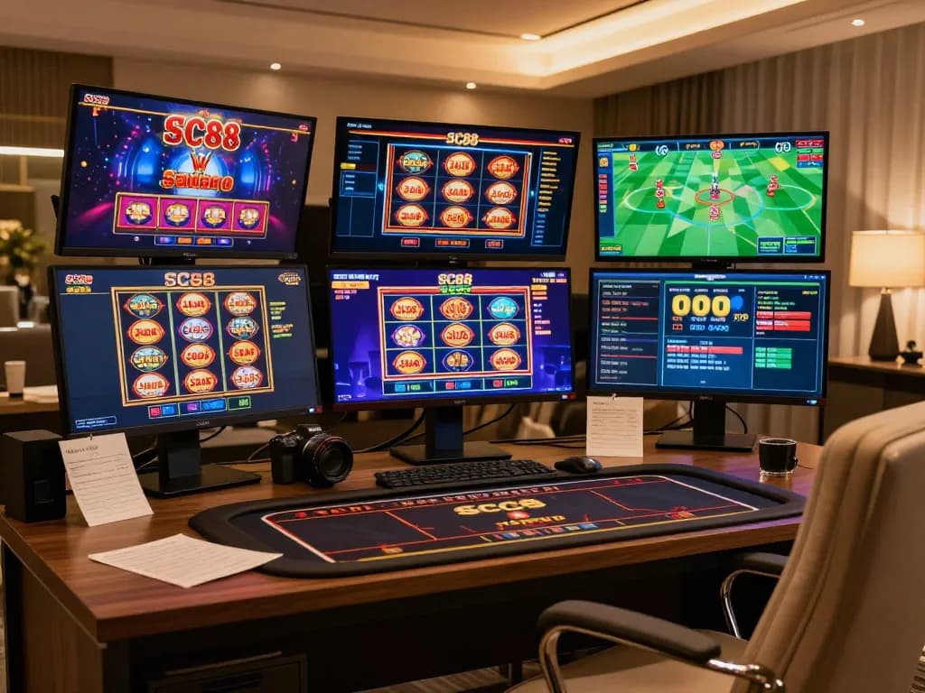 Player engaging with SC88 online games in a modern home office setup, reflecting strategic gambling.