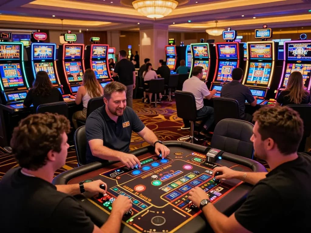 Players enjoying slots at F8Beta2 casino, vibrant machines and lively ambiance create excitement.