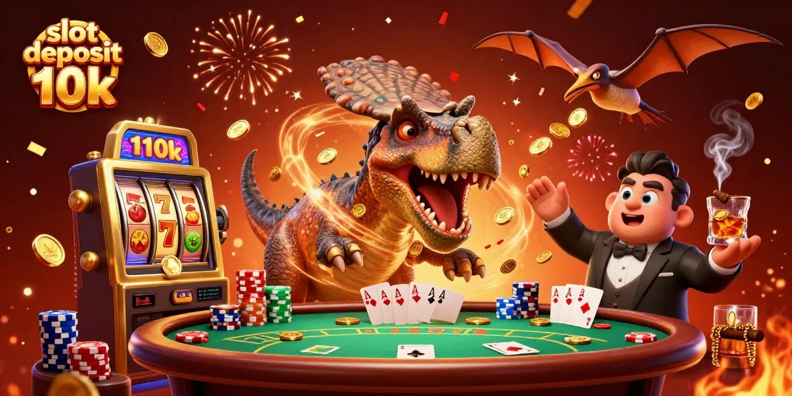 The 3D cartoon scene showcases a pachycephalosaurus activating a golden slot machine, promoting slot deposit 10k excitement.