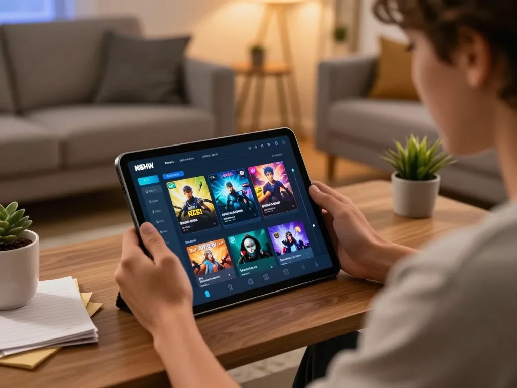 Player engaged with NSFW games mod on tablet in a cozy modern living room, showcasing a dynamic gameplay environment.