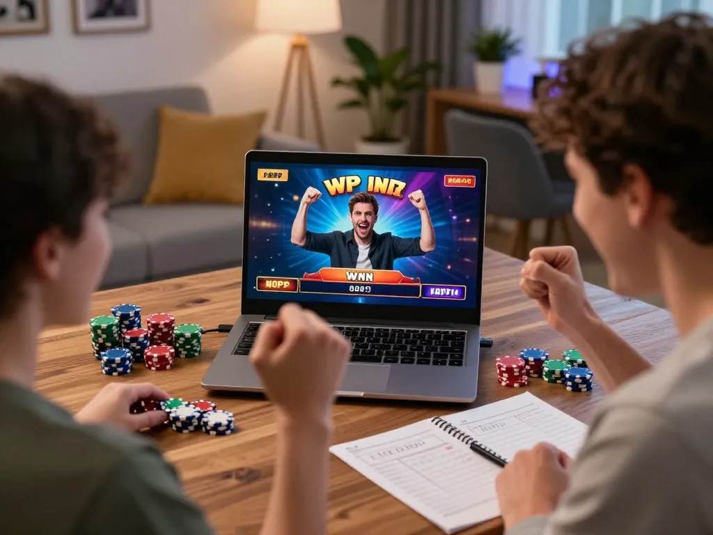 Nk88 win celebrates a thrilling moment in online gambling with a player using a laptop.