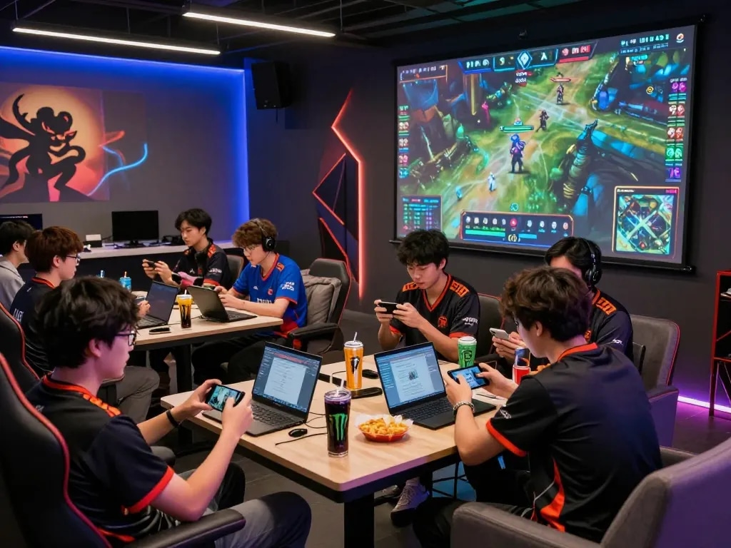 Dota 2 betting enthusiasts engaged in live betting action with screens displaying match stats.