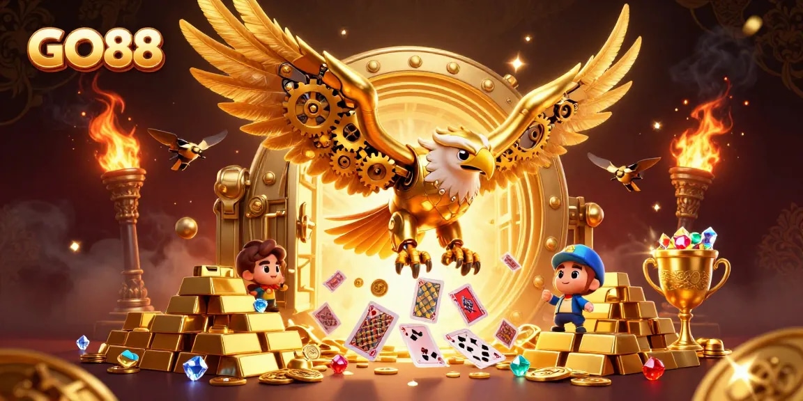 Immerse in GO88's vibrant gaming landscape, featuring a powerful eagle amid holographic cards and golden treasures.