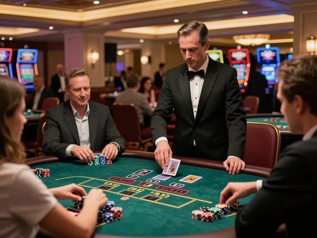 Players at 23win's blackjack table focus on winning strategies in a lively casino