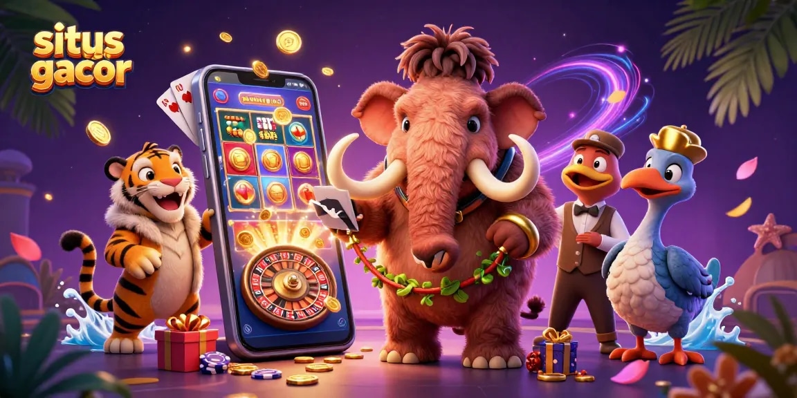 Slot gacor menarik dengan bouncer mamut, tamu harimau, dan penjaga dodo yang menyambut pemain.