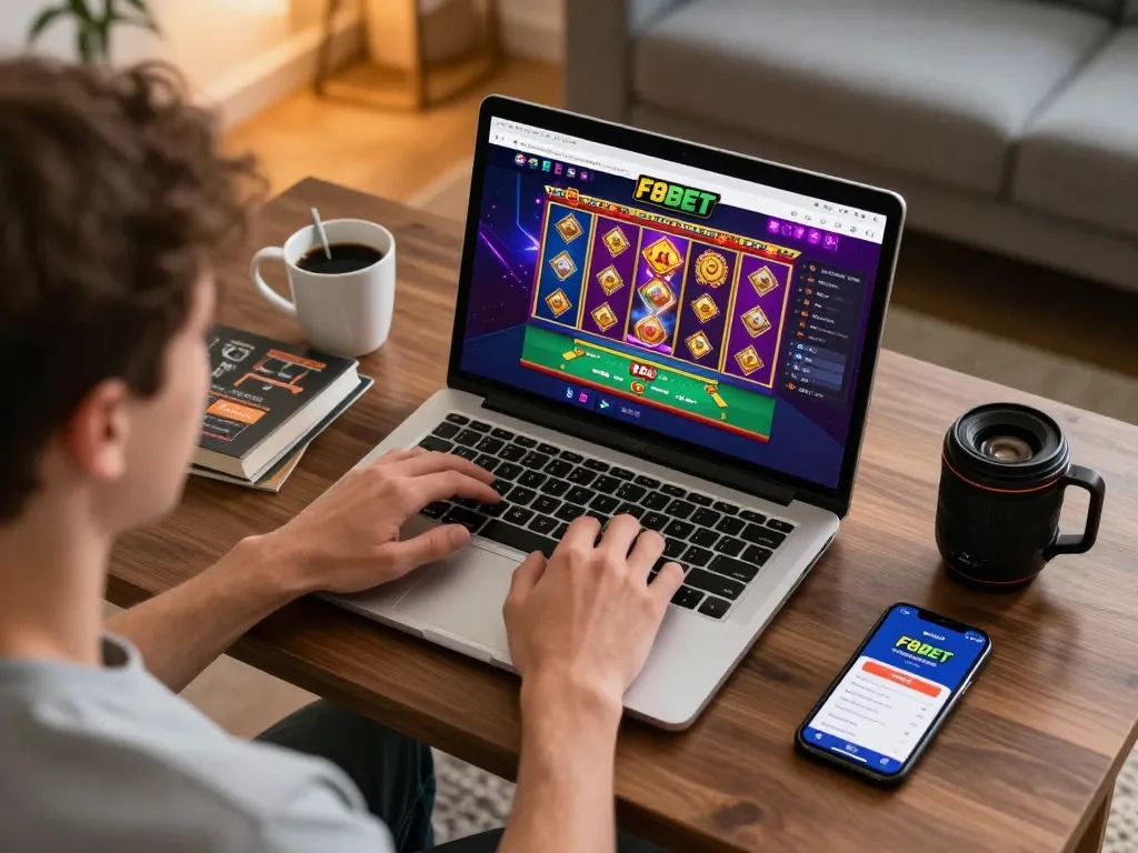 Engaging online gaming scene with player immersed in F8BET casino interface at home, showcasing responsible gambling.