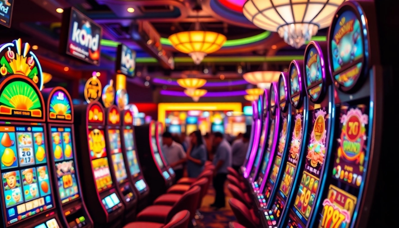 Excited players enjoying as38 slot server luar negeri at vibrant slot machines in a lively casino.