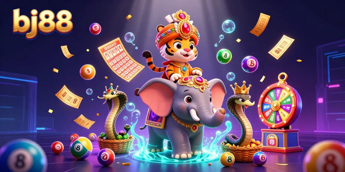 BJ88 offers a vibrant gambling experience, featuring a royal tiger, elephant, and lottery games in an engaging 3D setting.