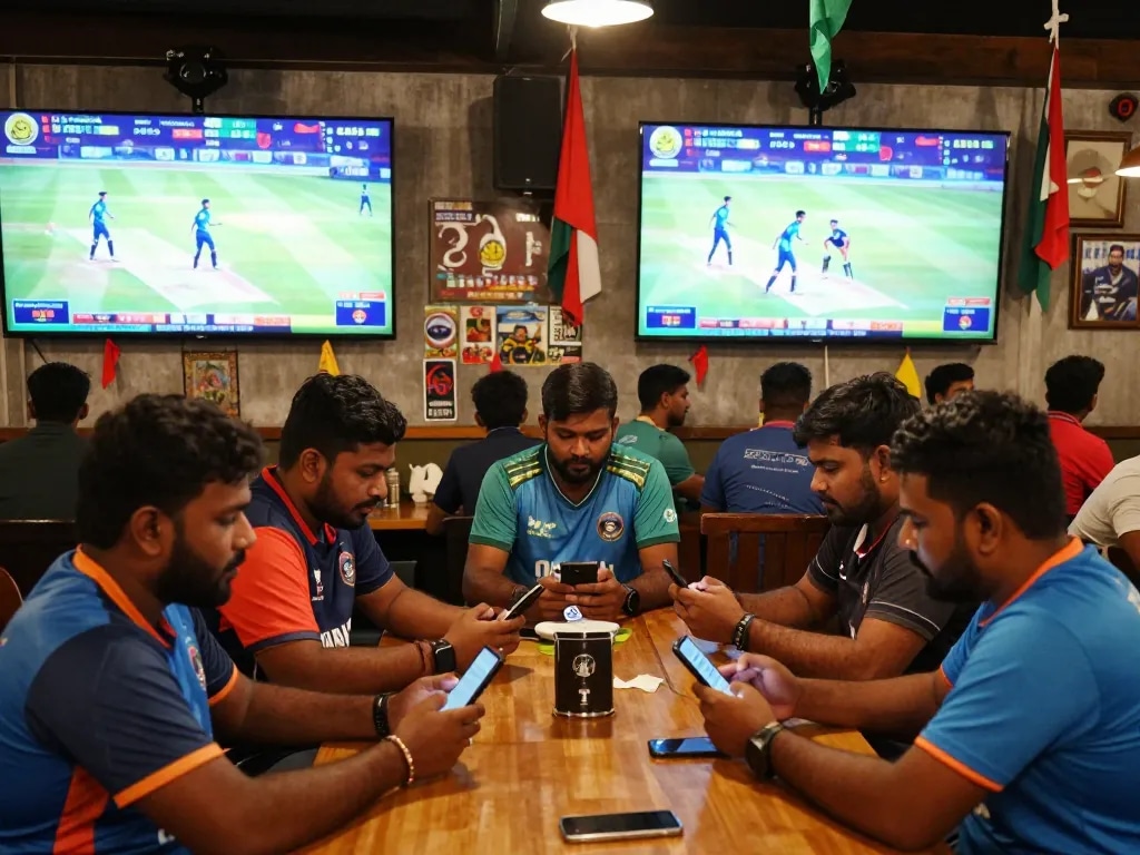 Fans engaging in JeetBangla cricket betting at a lively sports bar, cheering for their teams.