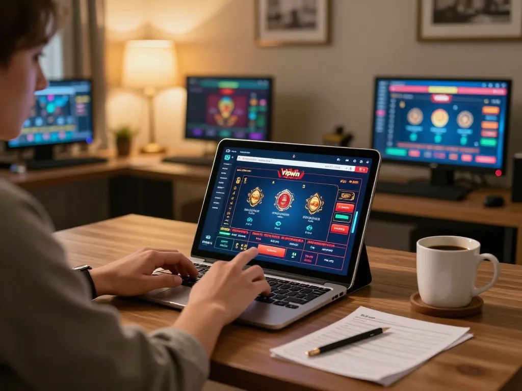Engaging in vipwin online casino gameplay from a stylish home office setup.