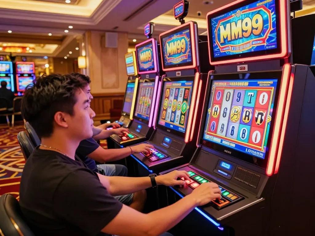 Engaging players ready to spin at MM99 Slot machines in a vibrant casino.