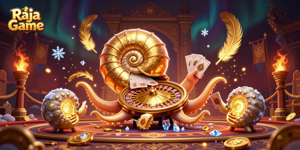 Engage in thrilling games on Raja Game with a dynamic scene featuring a giant nautilus and glowing ammonites.