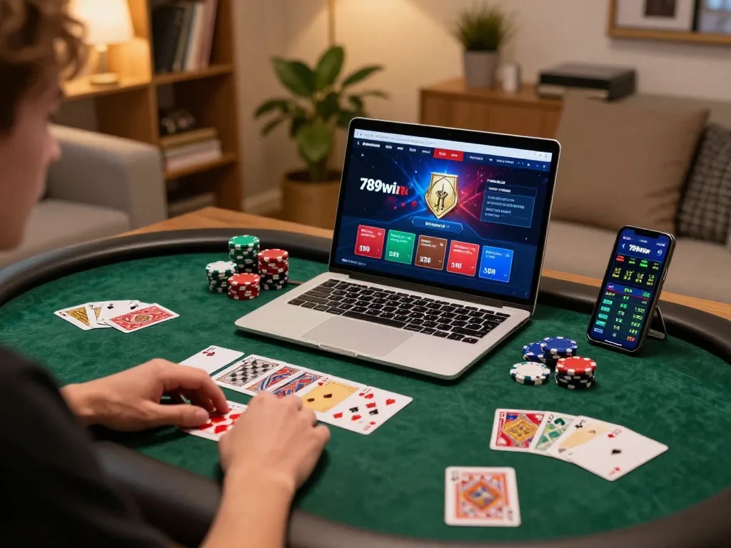 Engaging player immersed in 789win trang chu gaming experience, featuring colorful cards and chips in a cozy setup