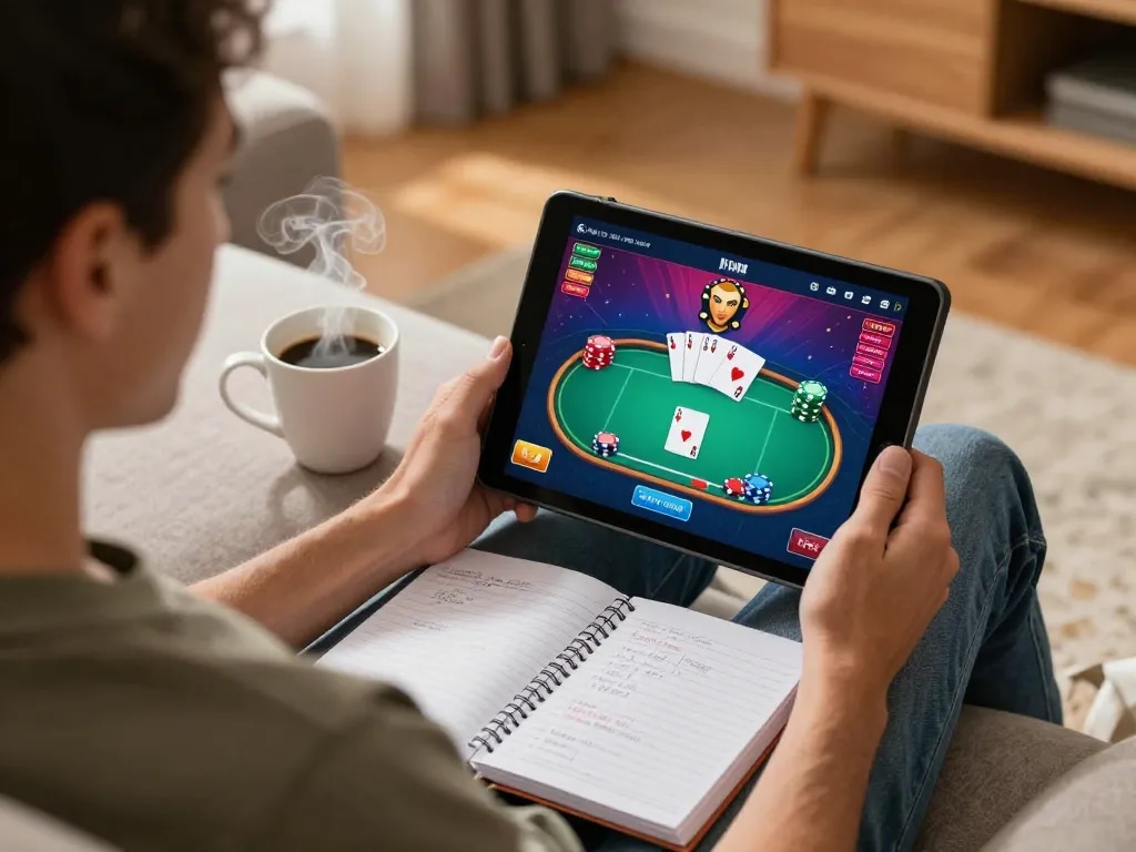 Player mastering poker strategies using IWIN68 on a tablet in a cozy home setting.
