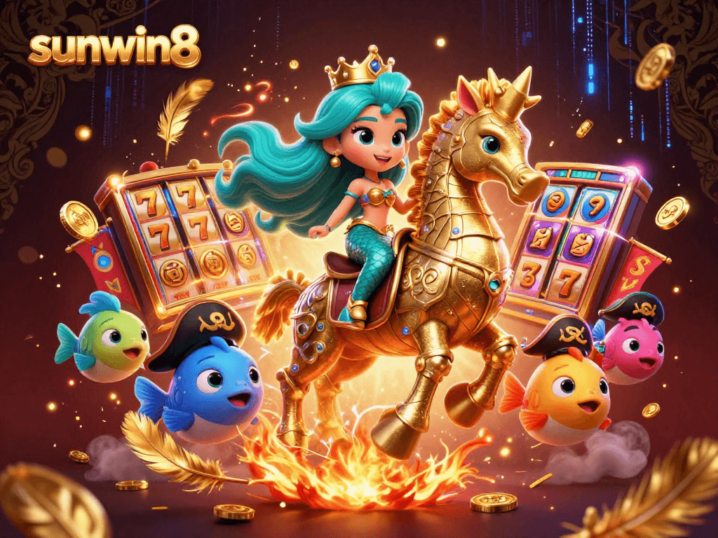 Experience the thrills of sunwin8 casino with a vibrant scene featuring a mermaid princess, jackpot elements, and dynamic gameplay.