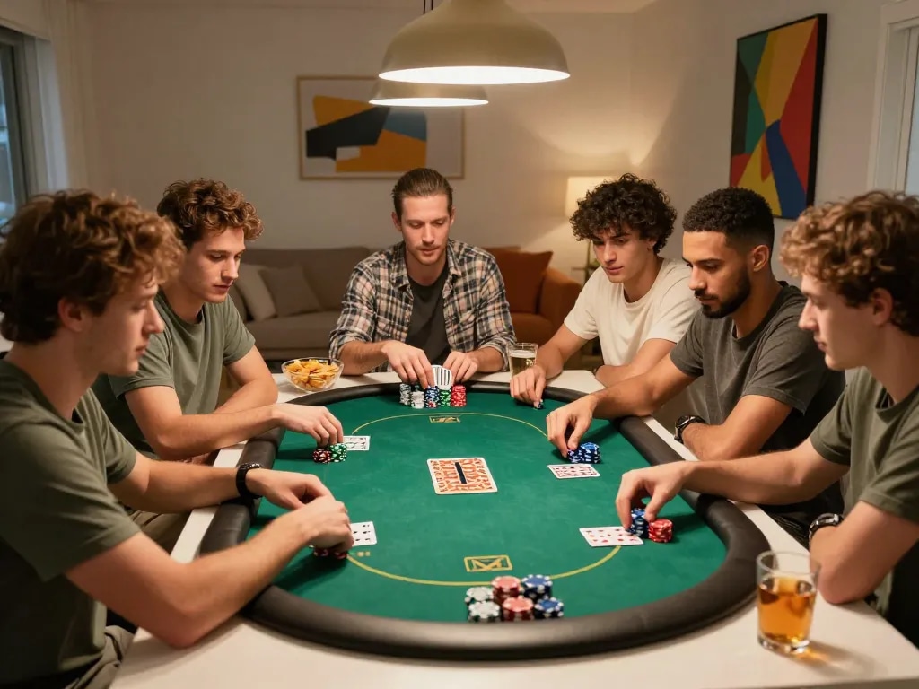 Friends playing soi kèo poker at home, analyzing cards and enjoying the atmosphere.