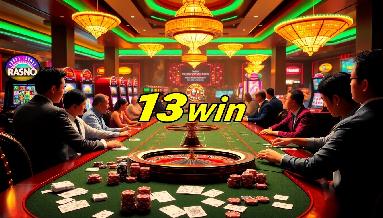 Players enjoying the thrilling atmosphere of 13win casino games with vibrant slot machines and poker tables.