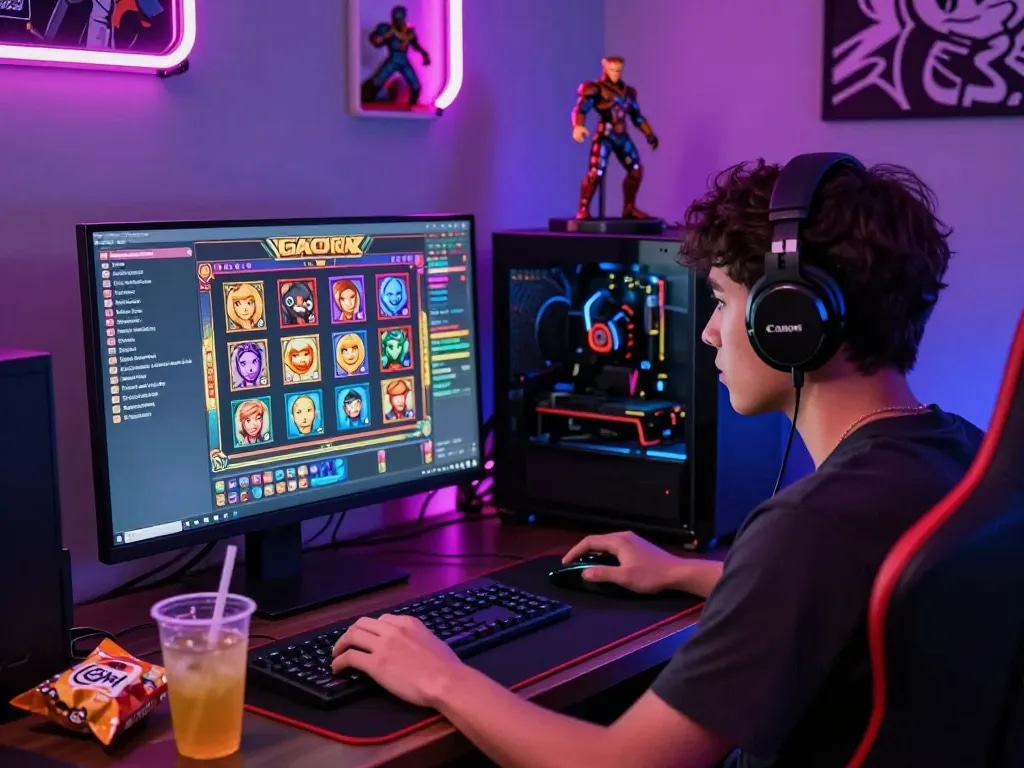 Exciting gaming scene showcasing a player immersed in slot gacor games with vibrant colors and accessories.
