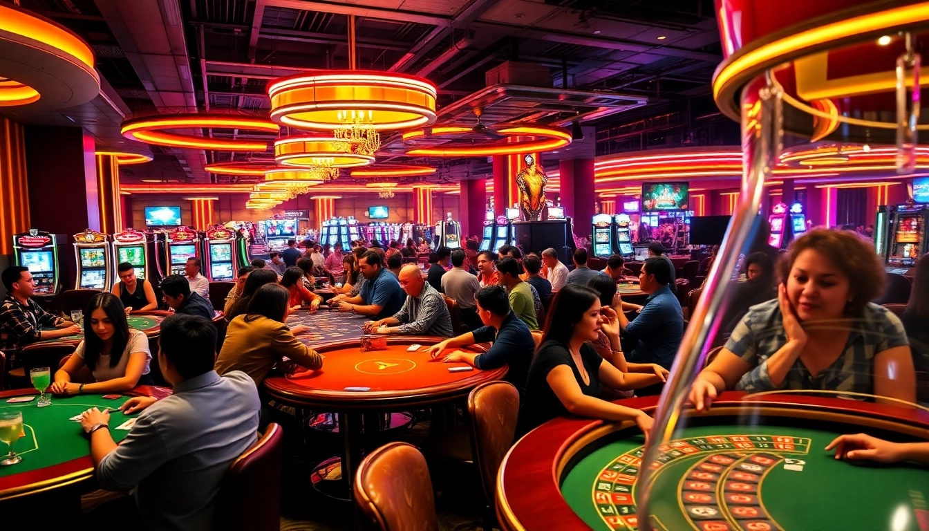 Bermain di kasino dengan bbni4d, pemain bersuka ria di meja permainan dengan lampu neon cerah.