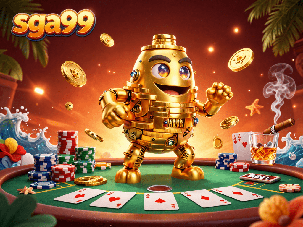Experience the excitement of sga99 with vibrant gaming elements and a majestic golden golem.