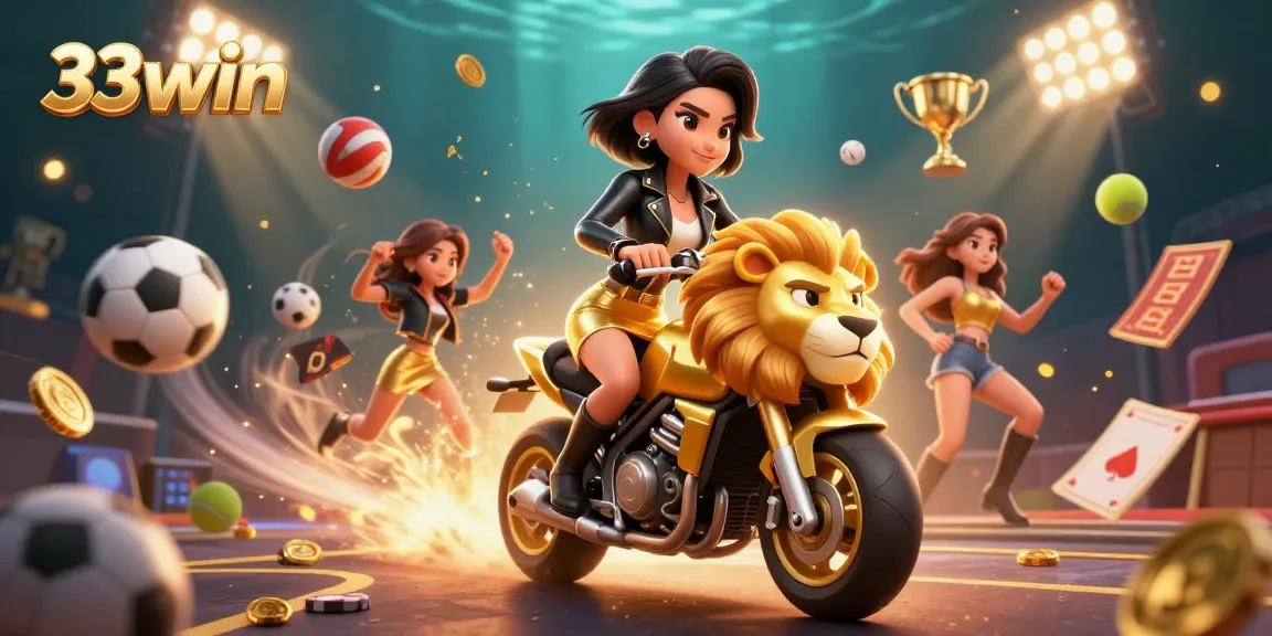 Experience the excitement of 33win with a glamorous ride on a golden lion mascot, showcasing thrilling games and rewards.